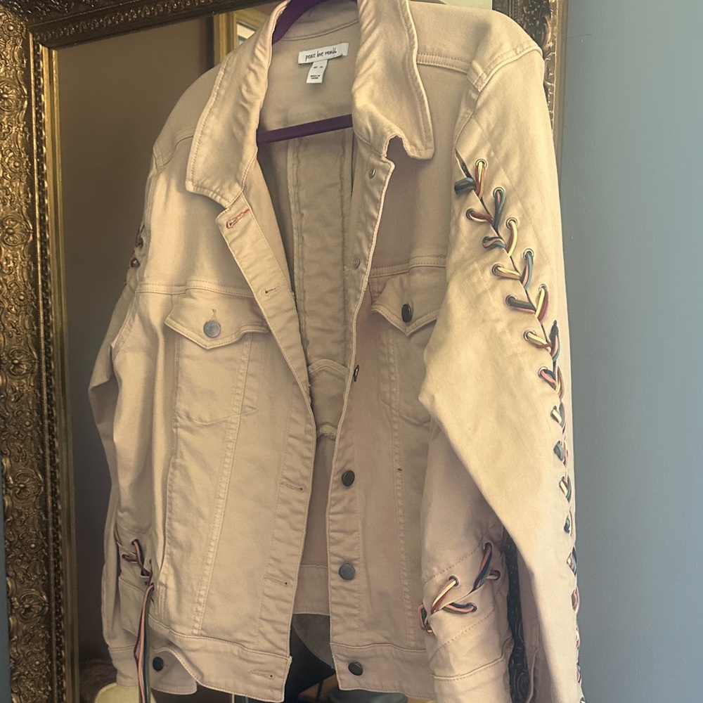 Peace, love, world Light Tan Denim Jacket with Multicolor braids and tassels